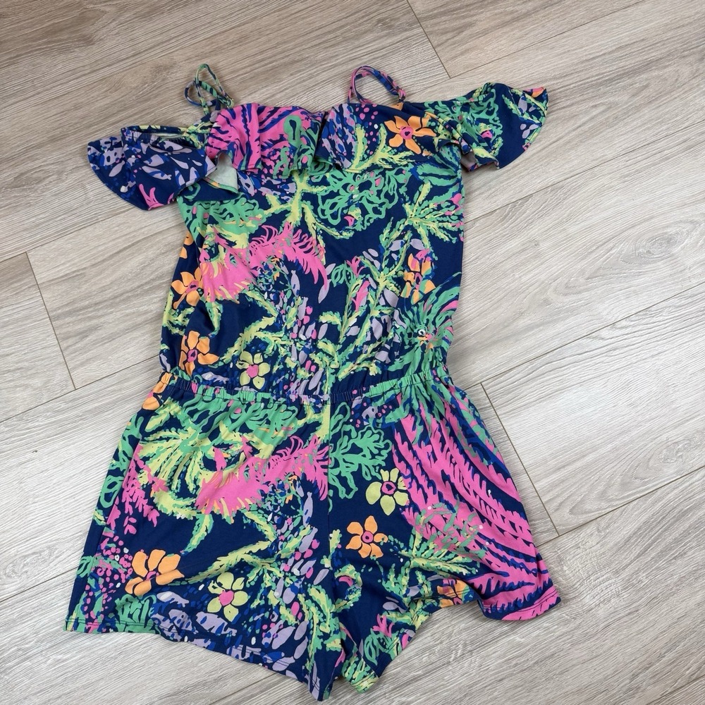 Lilly Pulitzer Klea Off The Shoulder Romper Indigo A Glow Tropical Print Size S